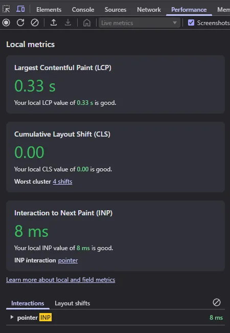 Performance metrics CWV - screenshot